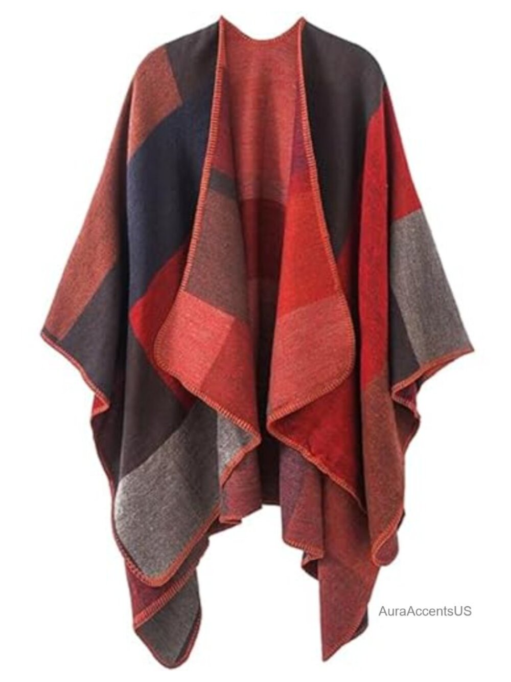 Reversible Plaid Shawl Wrap Open Front Poncho Cape Oversized Cardigan